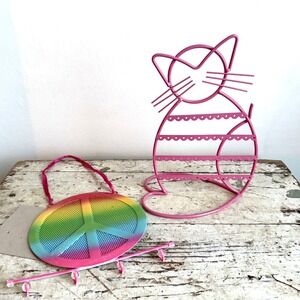 Pink Cat Earring Stand & Rainbow Peace Sign Jewelry Organizer Set Metal 2pc
